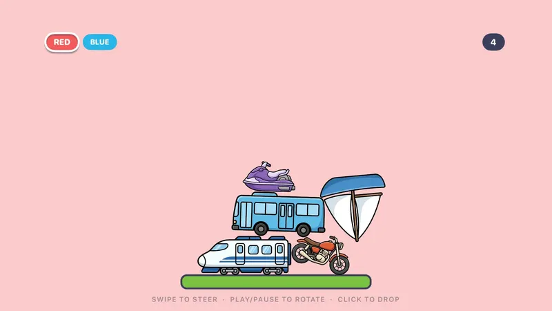 Stack It on Apple TV: a bullet train, motorcycle, bus, sailboat and jet ski stacked on a narrow green ledge, with RED and BLUE turn markers at the top.