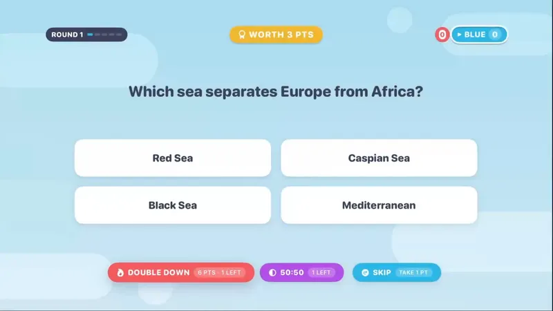 Trivia Battle on Apple TV: Which sea separates Europe from Africa? Four answers, plus Double Down, 50:50 and Skip buttons along the bottom.