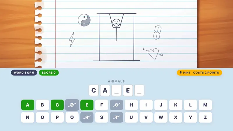 Hangman's Notepad scene: a doodled gallows on a notebook page and a half-solved Animals word.