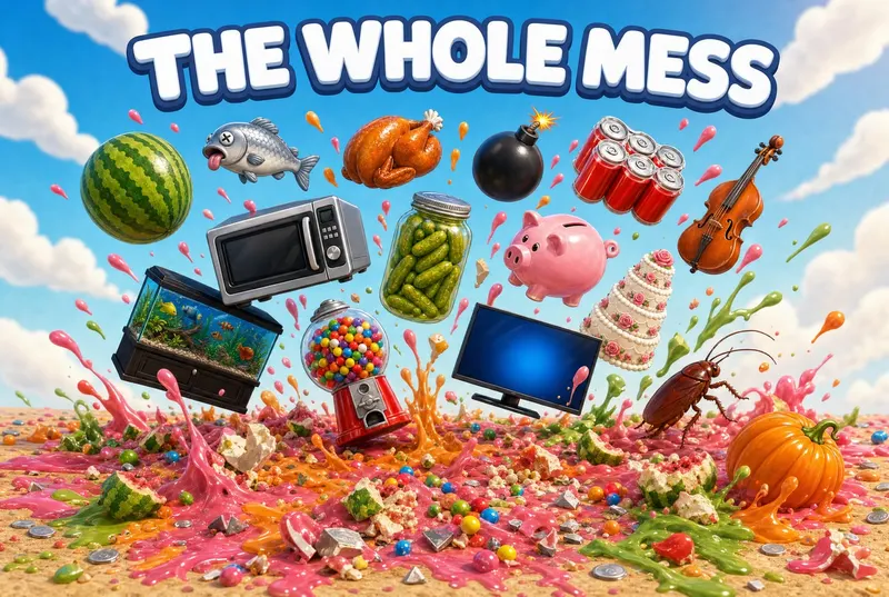 The Whole Mess pack cover: a pile of 15 items including a wedding cake, a gumball machine and a fish tank