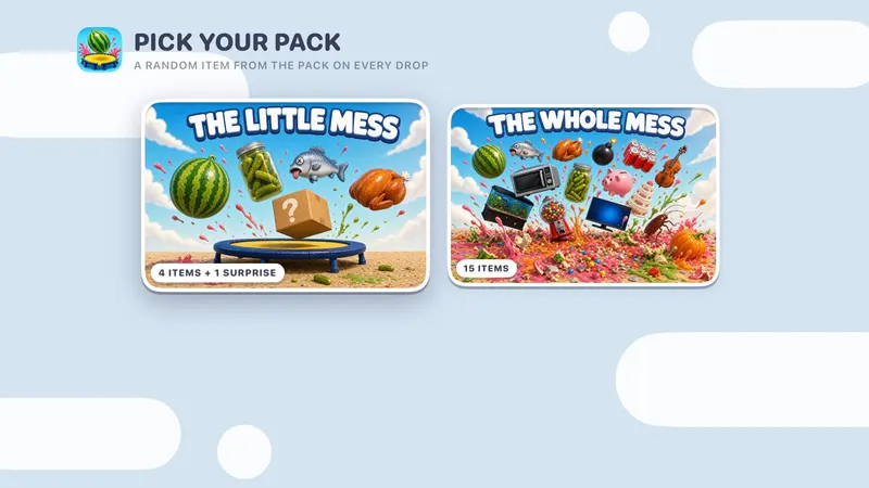 The Splat! pack picker: The Little Mess (4 items plus 1 surprise) and The Whole Mess (15 items).