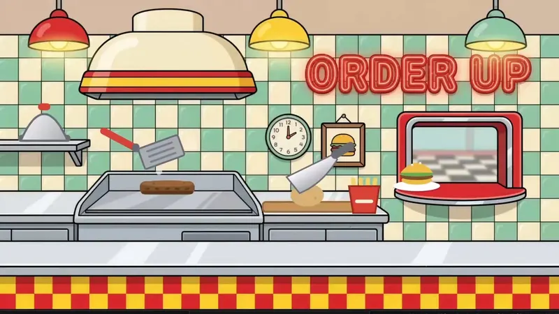 Press Swipe Play's Diner scene on Apple TV: a griddle with a burger patty, a spatula and an ORDER UP sign.