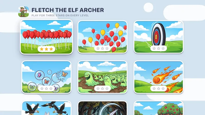 The Fletch the Elf Archer level picker: Balloons, More Targets, Bullseye, Bubbles, Slime Horde and Fireballs, with star ratings.