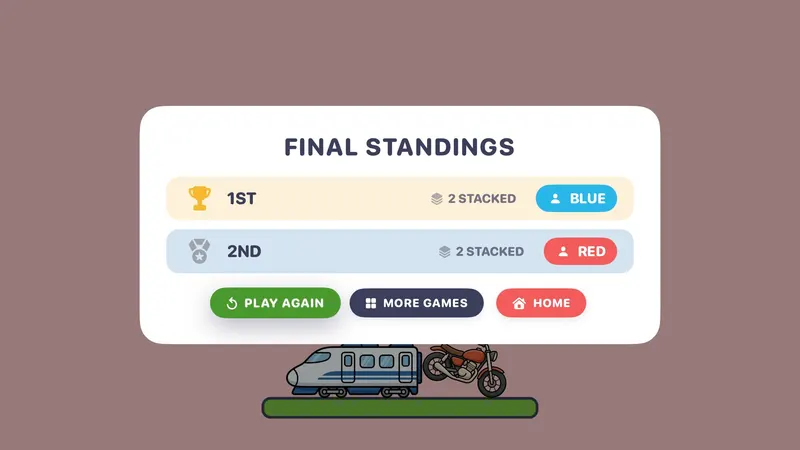 Stack It final standings: BLUE first and RED second, each with 2 pieces stacked, and buttons for Play Again, More Games and Home.