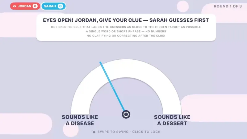 Read the Room guessing screen: the clue rules at the top and a needle on the dial, with SWIPE TO SWING and CLICK TO LOCK hints.