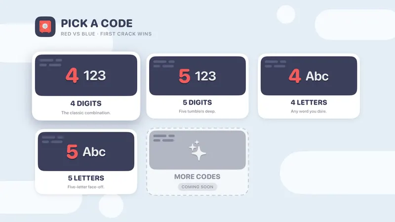 Safecracker on Apple TV: the code picker with 4 Digits, 5 Digits, 4 Letters and 5 Letters.