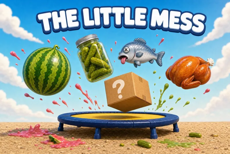 The Little Mess pack cover: a watermelon, a pickle jar, a fish and a turkey over a trampoline