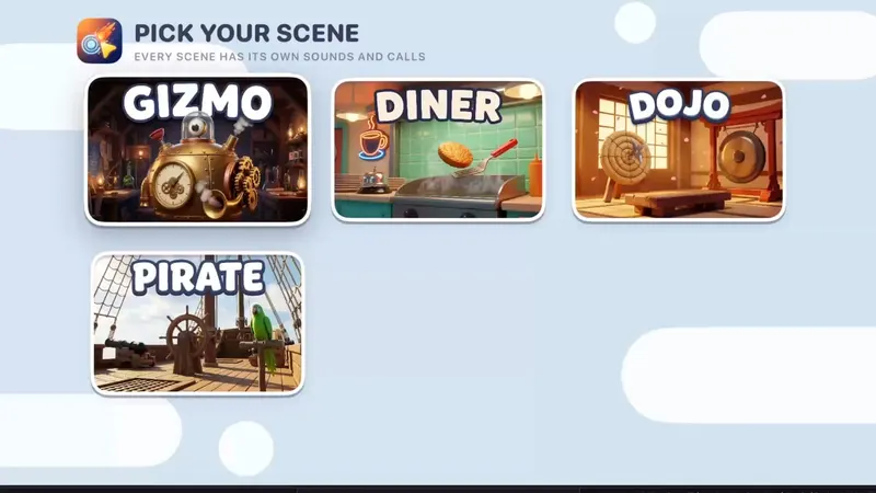 The Press Swipe Play scene picker: Gizmo, Diner, Dojo and Pirate.